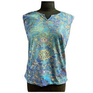 MISSLOOK Womens Floral Cotton Blend Sleeveless Size Medium Teal Multicolor